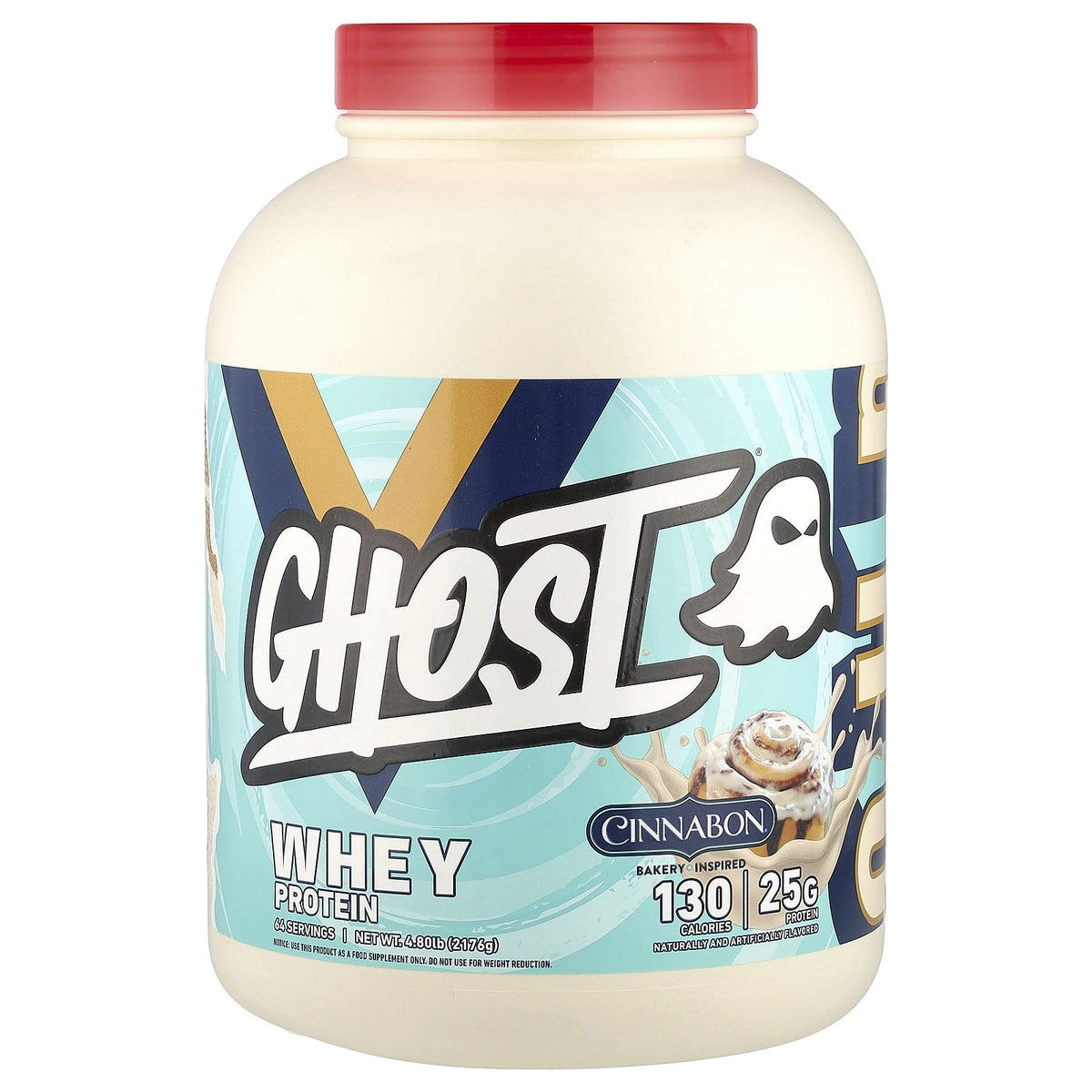 GHOST Whey Protein Cinnabon 2.17kg tub front, 64 servings