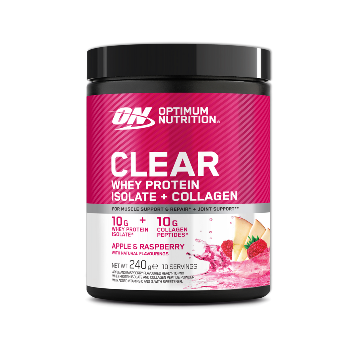 Optimum Nutrition Clear Whey Isolate Plus Collagen 240g Apple and Raspberry tub front