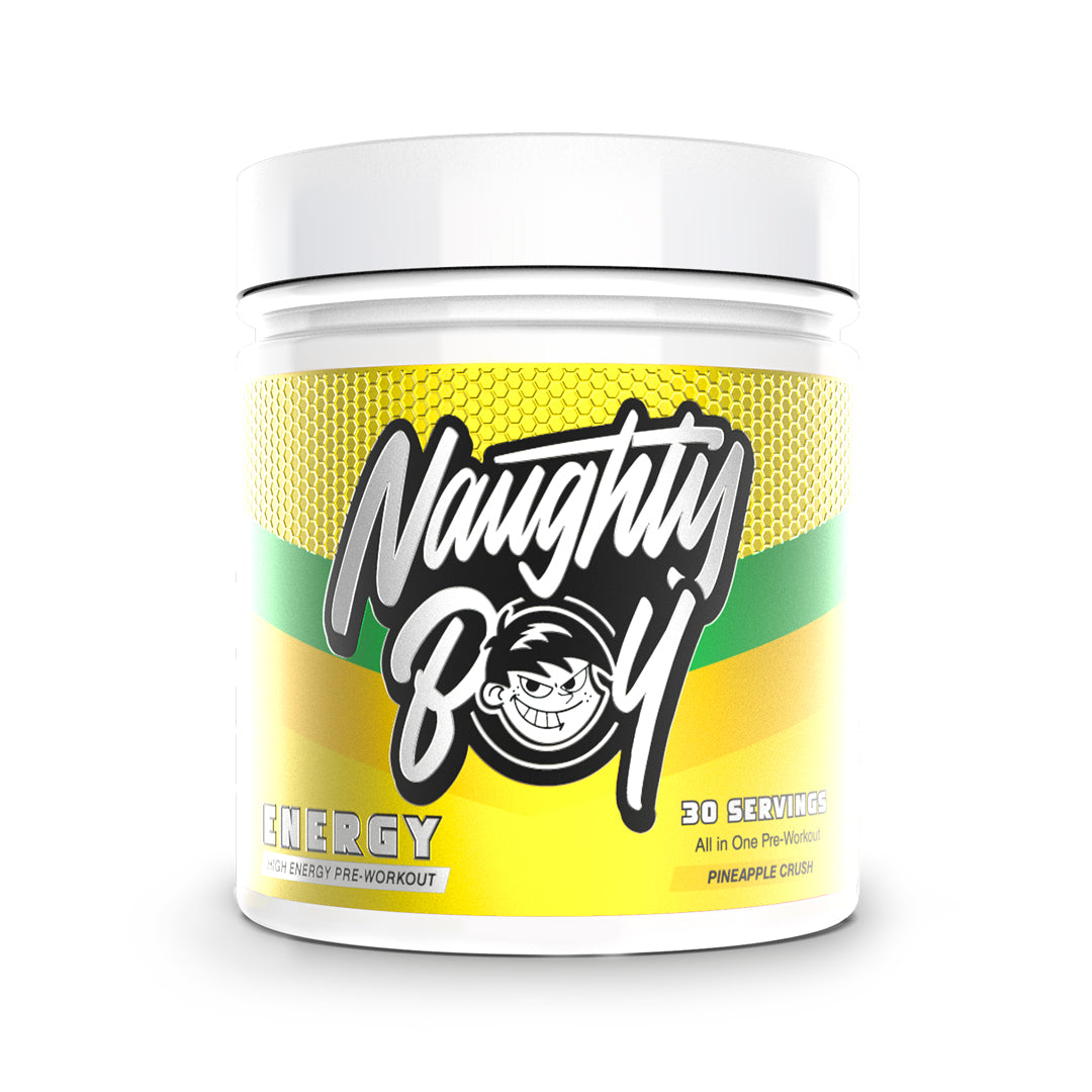 Naughty Boy Energy 390g Pineapple Crush front-facing 30-serving tub