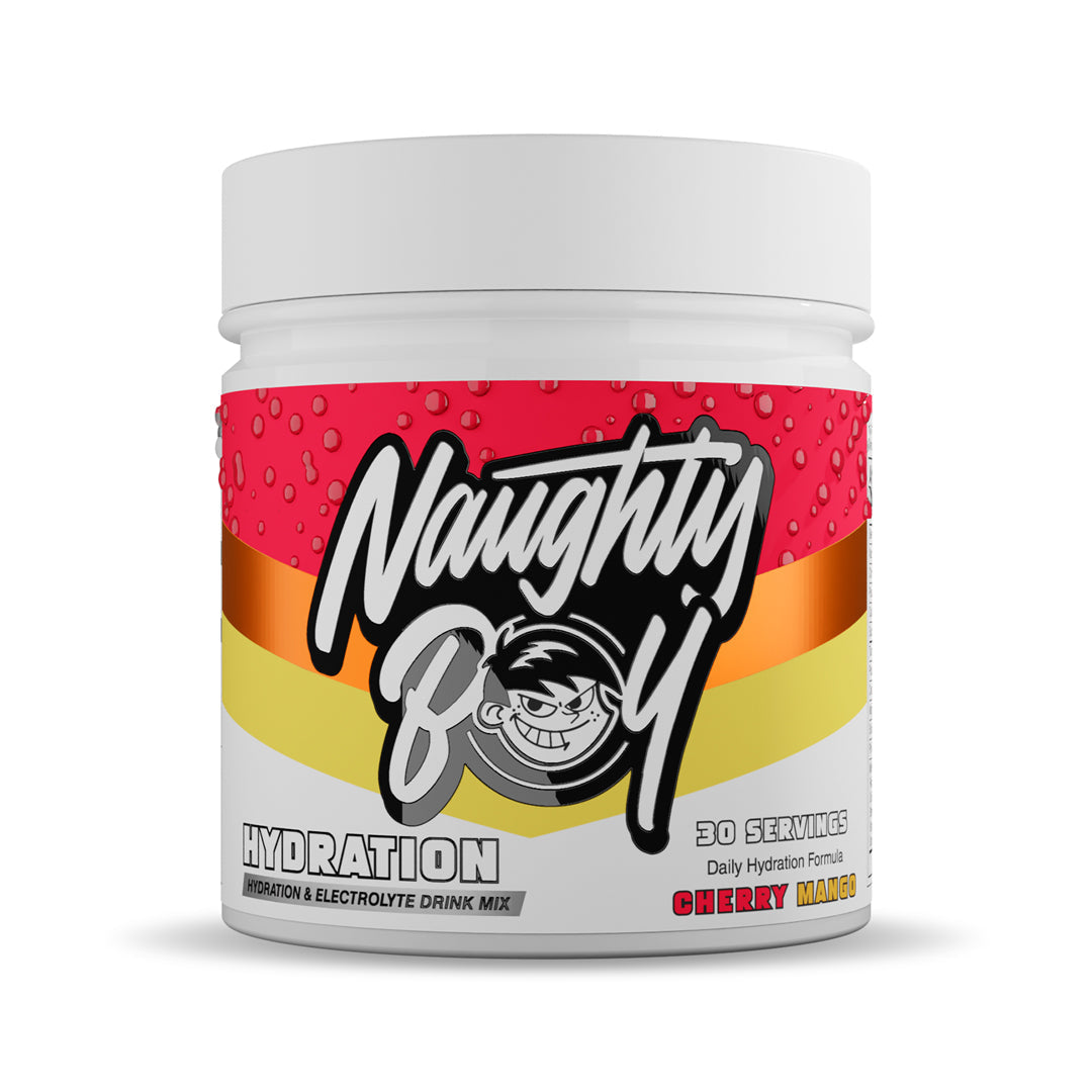 Naughty Boy Hydration 255g Cherry Mango — manufacturer front-facing 30-serving tub