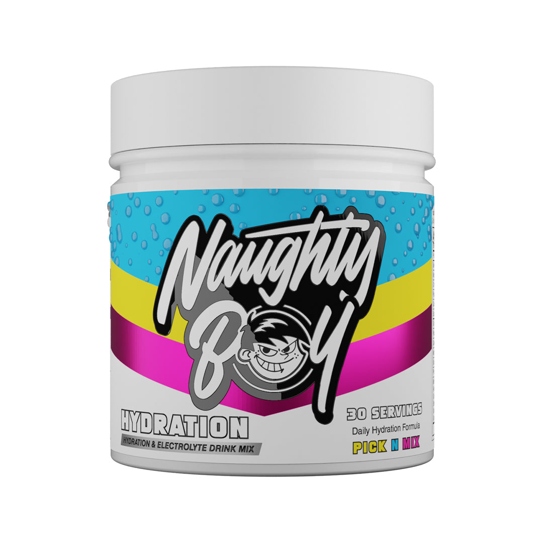 Naughty Boy Hydration 255g Pick N Mix — manufacturer front-facing 30-serving tub