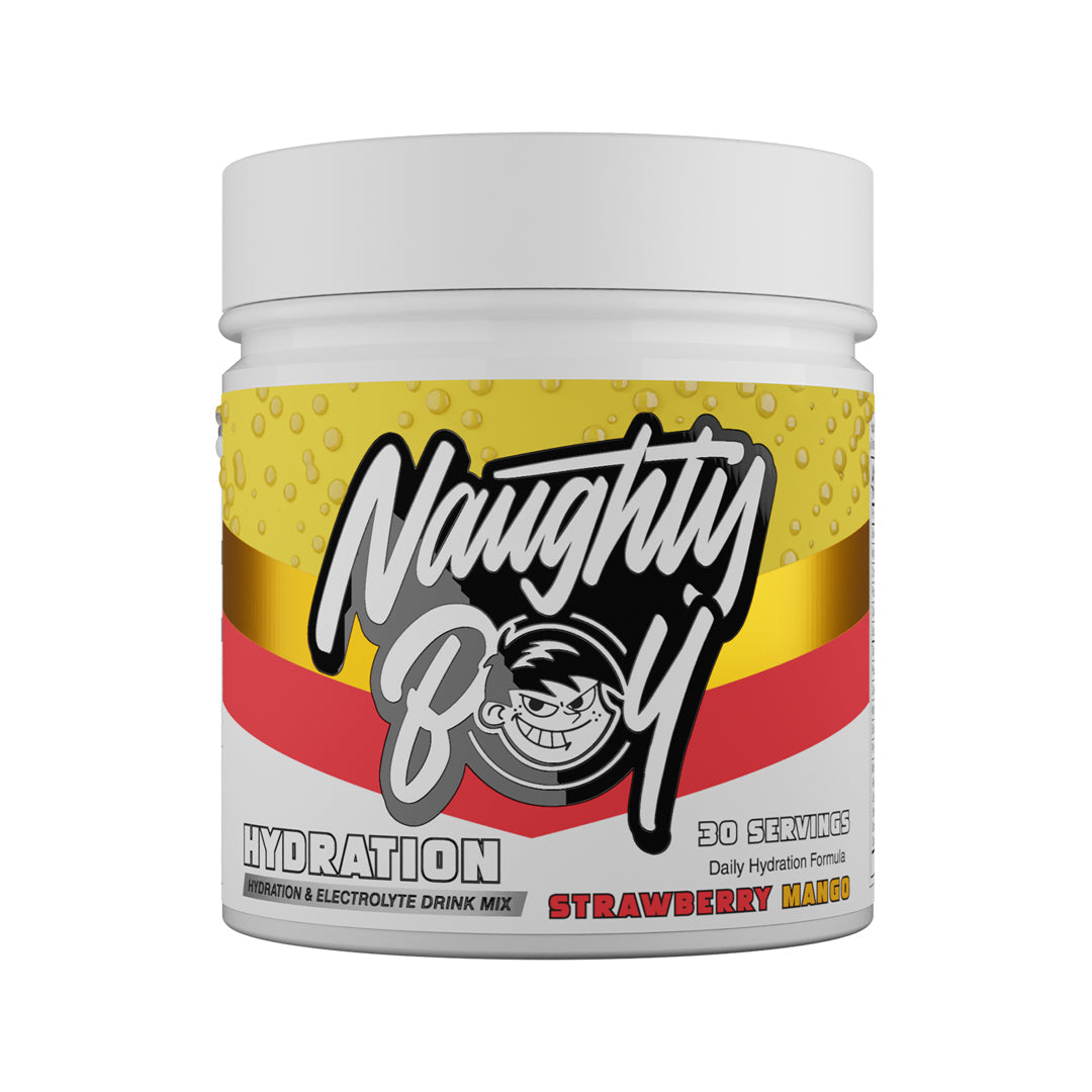 Naughty Boy Hydration 255g Strawberry Mango — manufacturer front-facing 30-serving tub