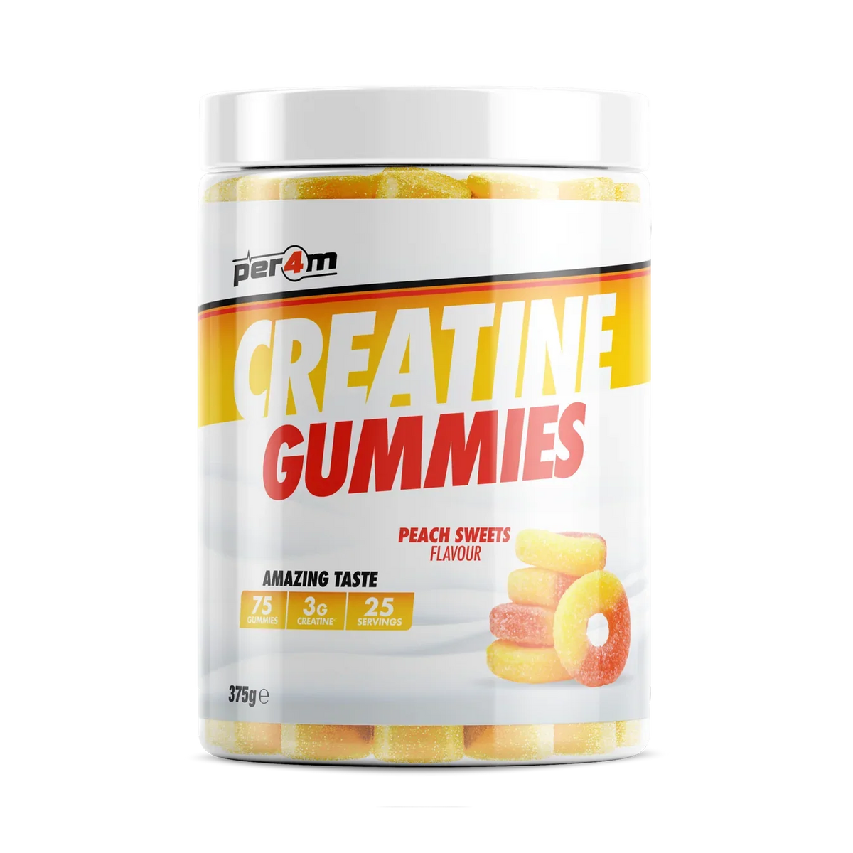A white plastic tub of Per4m Creatine Gummies in Peach Sweets flavor, featuring a white label with yellow and red text and illustrations of peach gummies, set against a plain white background.