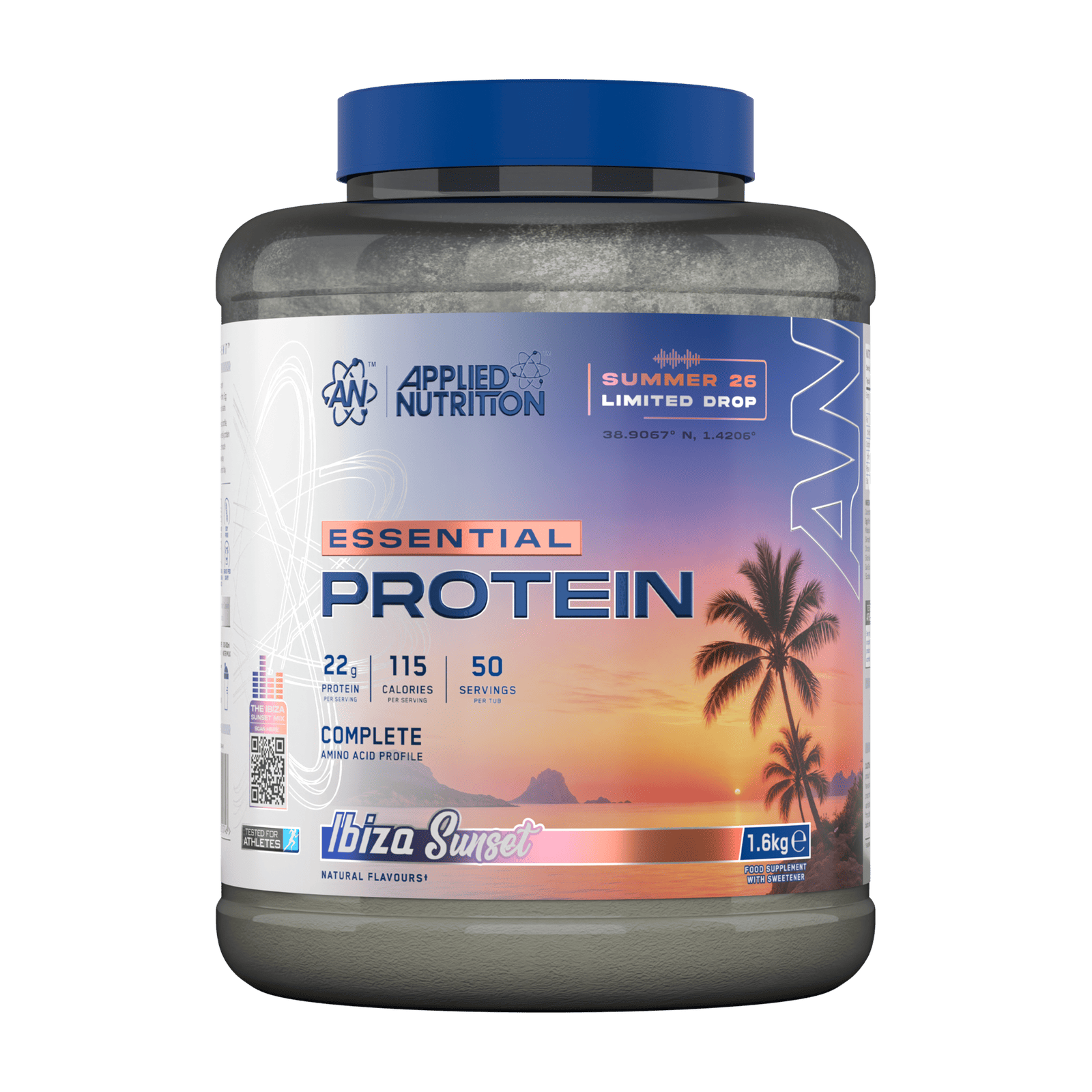 Applied Nutrition Essential Protein 1.6kg Ibiza Sunset front-facing tub