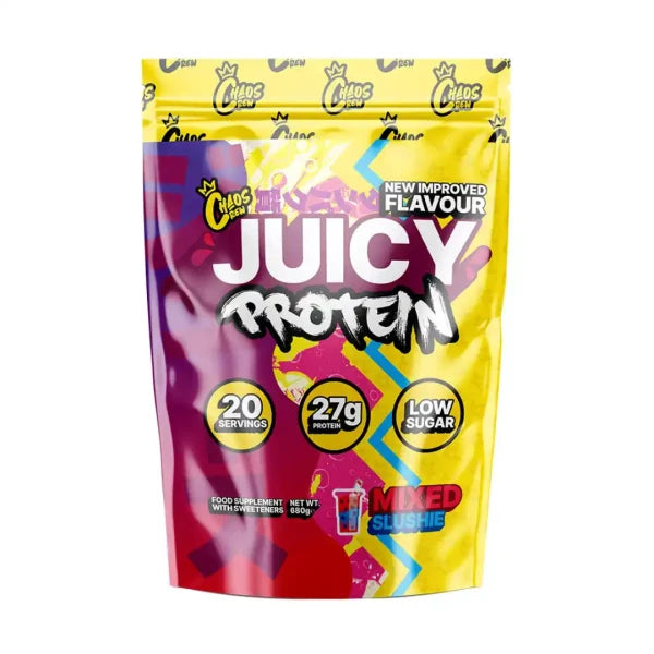 Chaos Crew Juicy Protein 680g Mixed Slushie front-facing pouch on white background