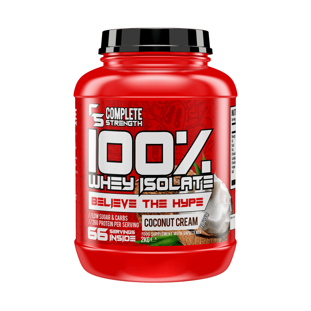 Complete Strength 100% Whey Isolate 2kg Coconut Cream front of tub