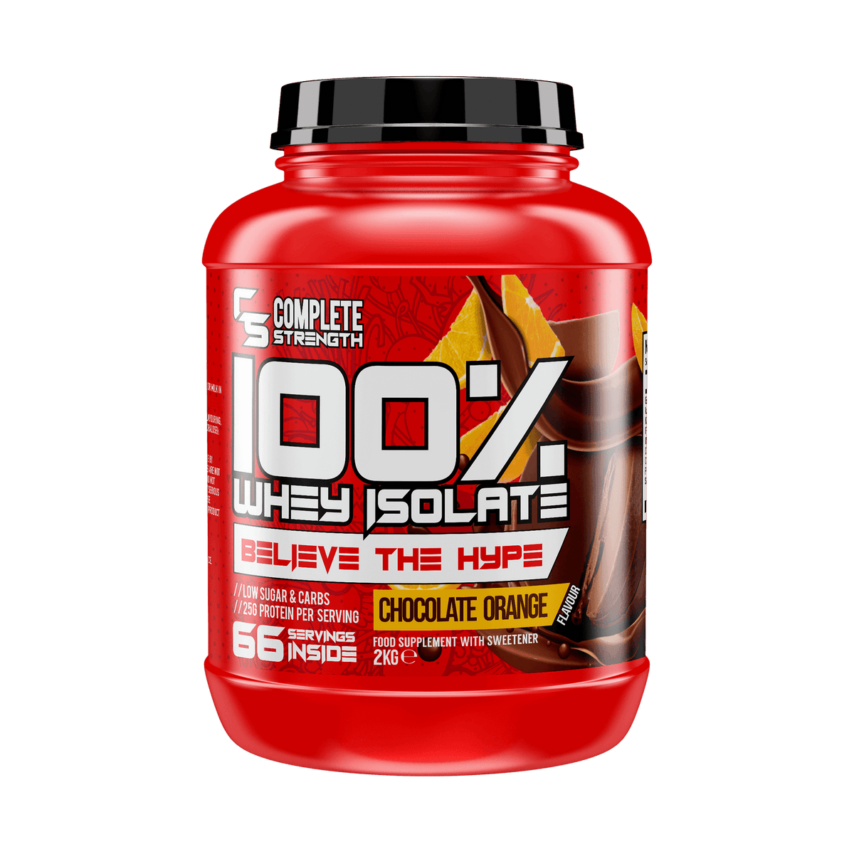 Complete Strength 100% Whey Isolate 2kg – Chocolate Orange front-facing manufacturer's tub