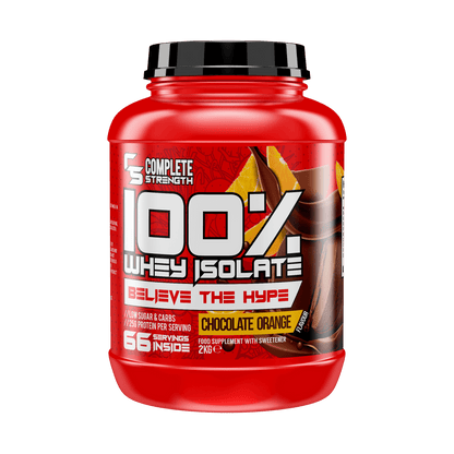 Complete Strength 100% Whey Isolate 2kg – Chocolate Orange front-facing manufacturer's tub