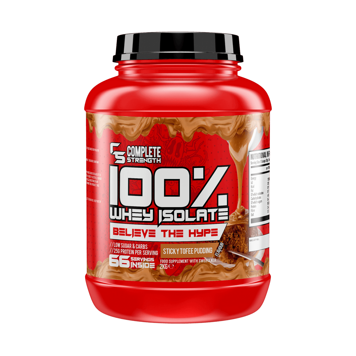 Complete Strength 100% Whey Isolate 2kg – Sticky Toffee Pudding front-facing manufacturer's tub