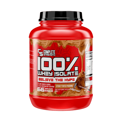 Complete Strength 100% Whey Isolate 2kg – Sticky Toffee Pudding front-facing manufacturer's tub