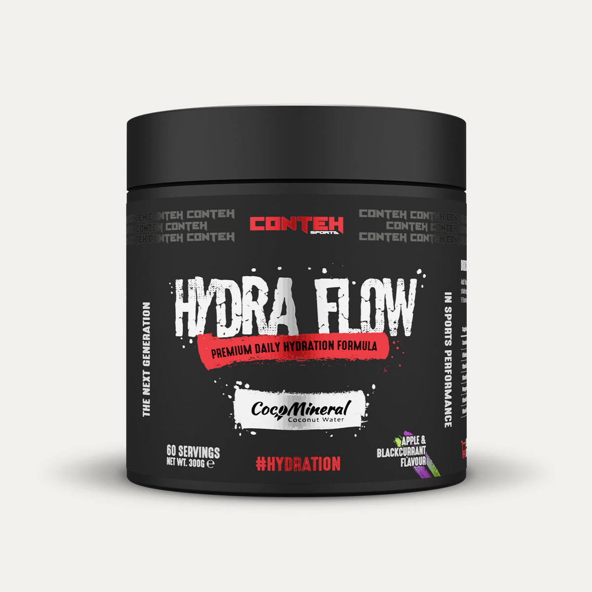 Conteh Sports Hydra Flow 300g Apple & Blackcurrant front-facing tub
