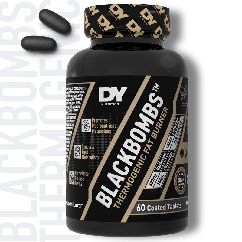 DY Nutrition BlackBombs 60 coated tablets — black and gold bottle front