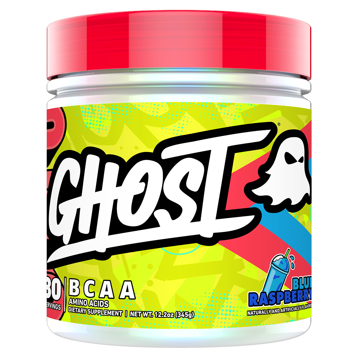 GHOST BCAA V2 Blue Raspberry 330g, 30 servings, front-facing tub