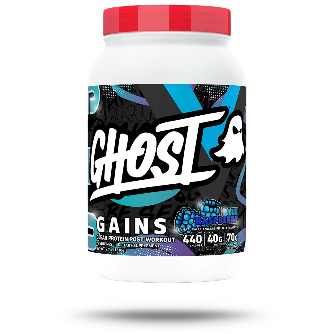 GHOST Clear Gains 1230g Blue Raspberry tub front