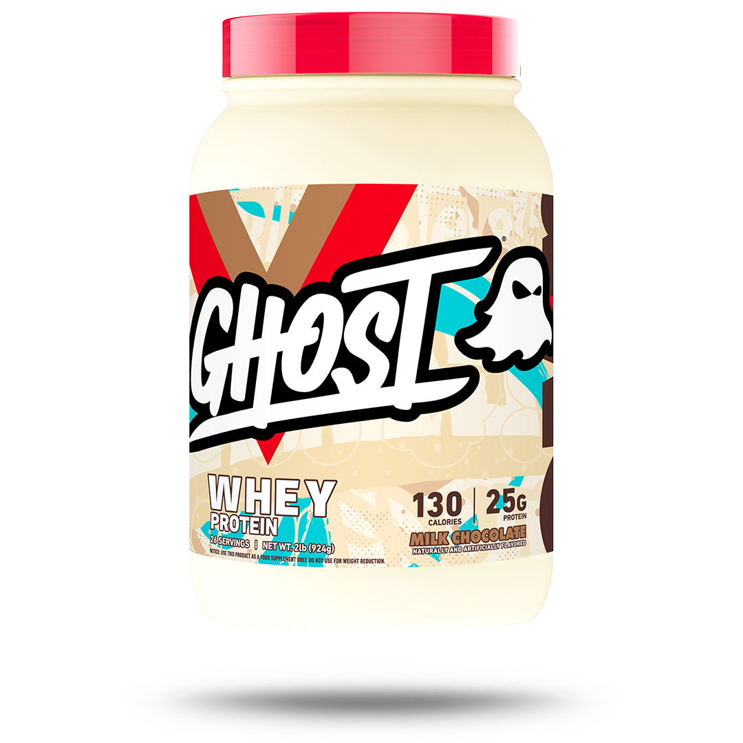 GHOST Whey Milk Chocolate 924g official front-facing tub on clean white background