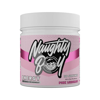 Naughty Boy Energy 390g Pink Lemonade, official front-facing 30-serving tub