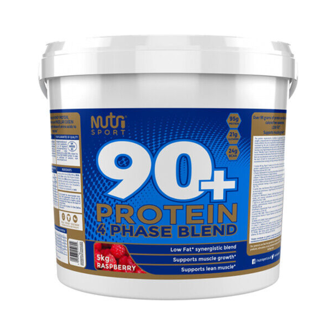 NutriSport 90+ Protein 5kg Raspberry front-facing tub
