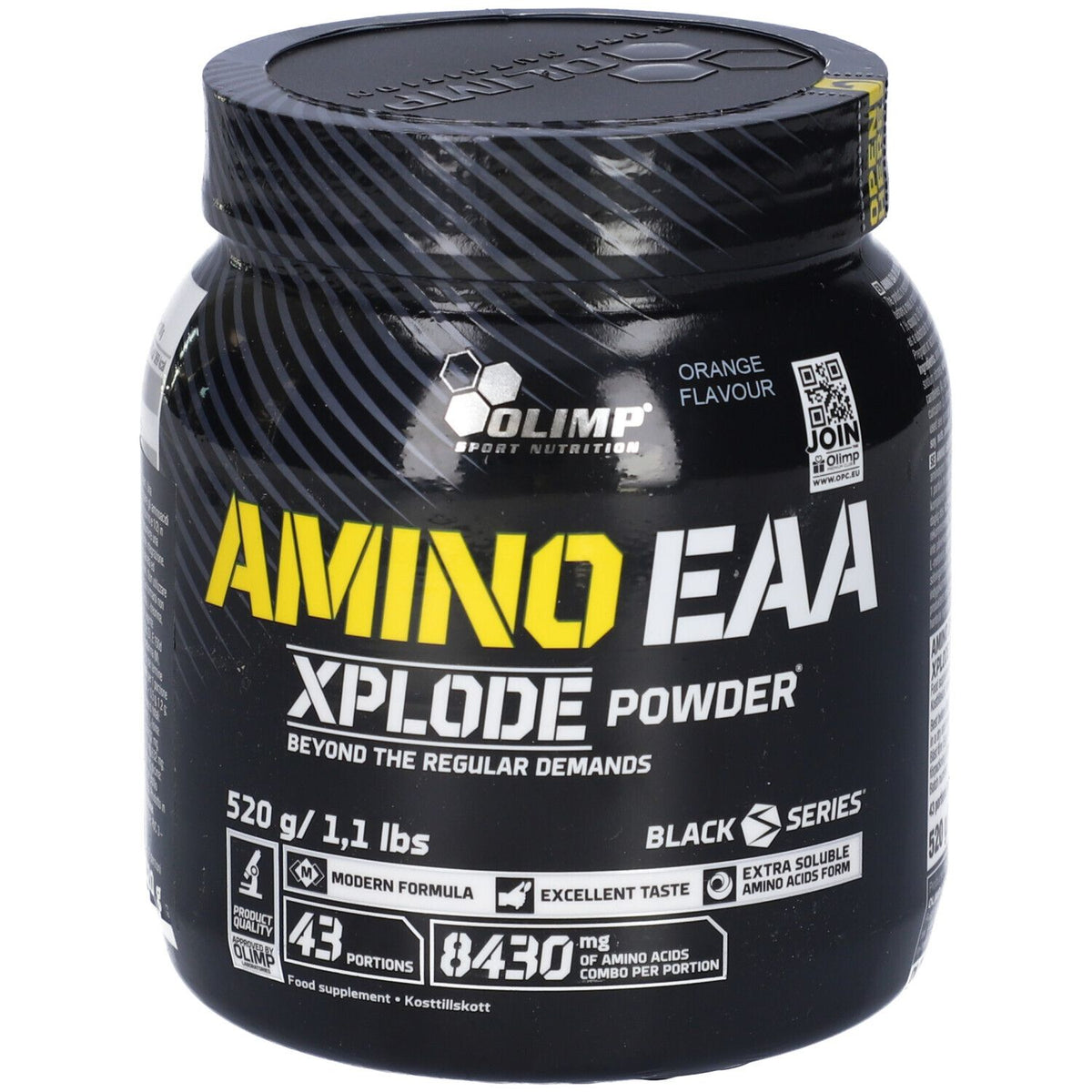 Olimp Amino EAA Xplode 520g Orange front tub; image corresponds only to Orange flavour
