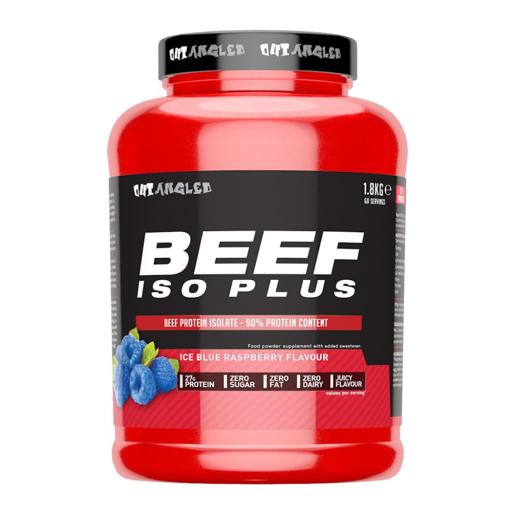 Outangled Beef ISO Plus 1.8kg Ice Blue Raspberry front of tub on plain background