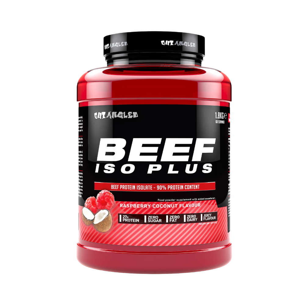 Outangled Beef ISO Plus 1.8kg Raspberry Coconut front of tub on plain background