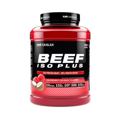 Outangled Beef ISO Plus 1.8kg Raspberry Coconut front of tub on plain background
