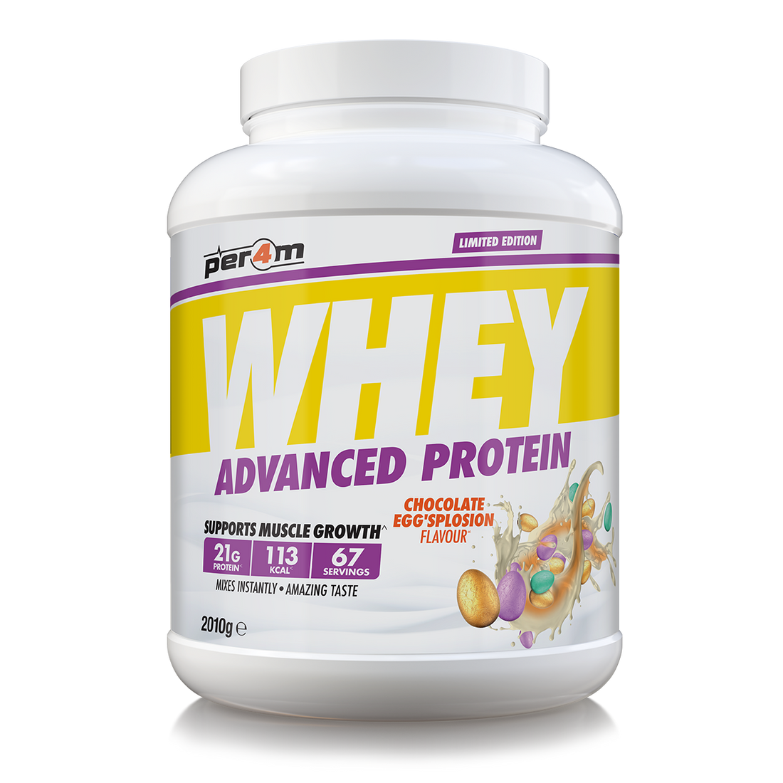 Per4m Advanced Whey Protein 2.01kg Chocolate Eggs'plosion Limited Edition front-facing original tub
