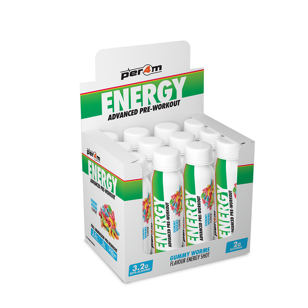 Per4m Energy Pre Workout Shot Gummy Worms 12 x 100ml display box