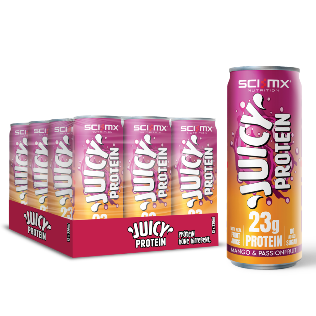 SCI-MX Juicy Protein Mango & Passionfruit 12 x 330ml case – manufacturer front image