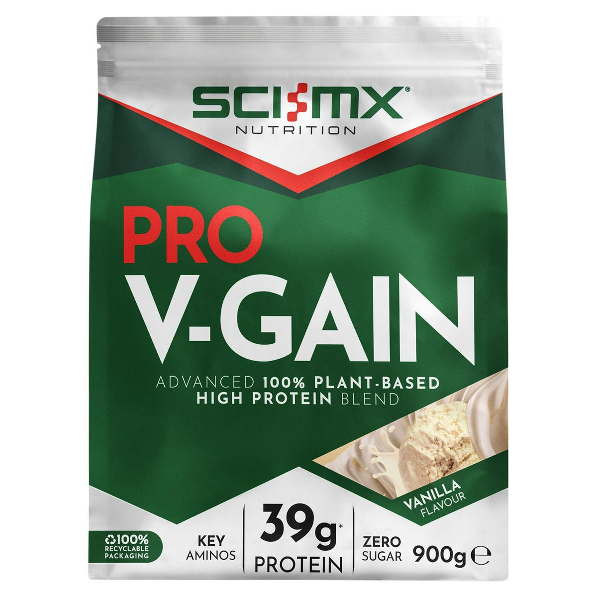 SCI-MX Pro V-Gain 900g Vanilla front-facing pouch